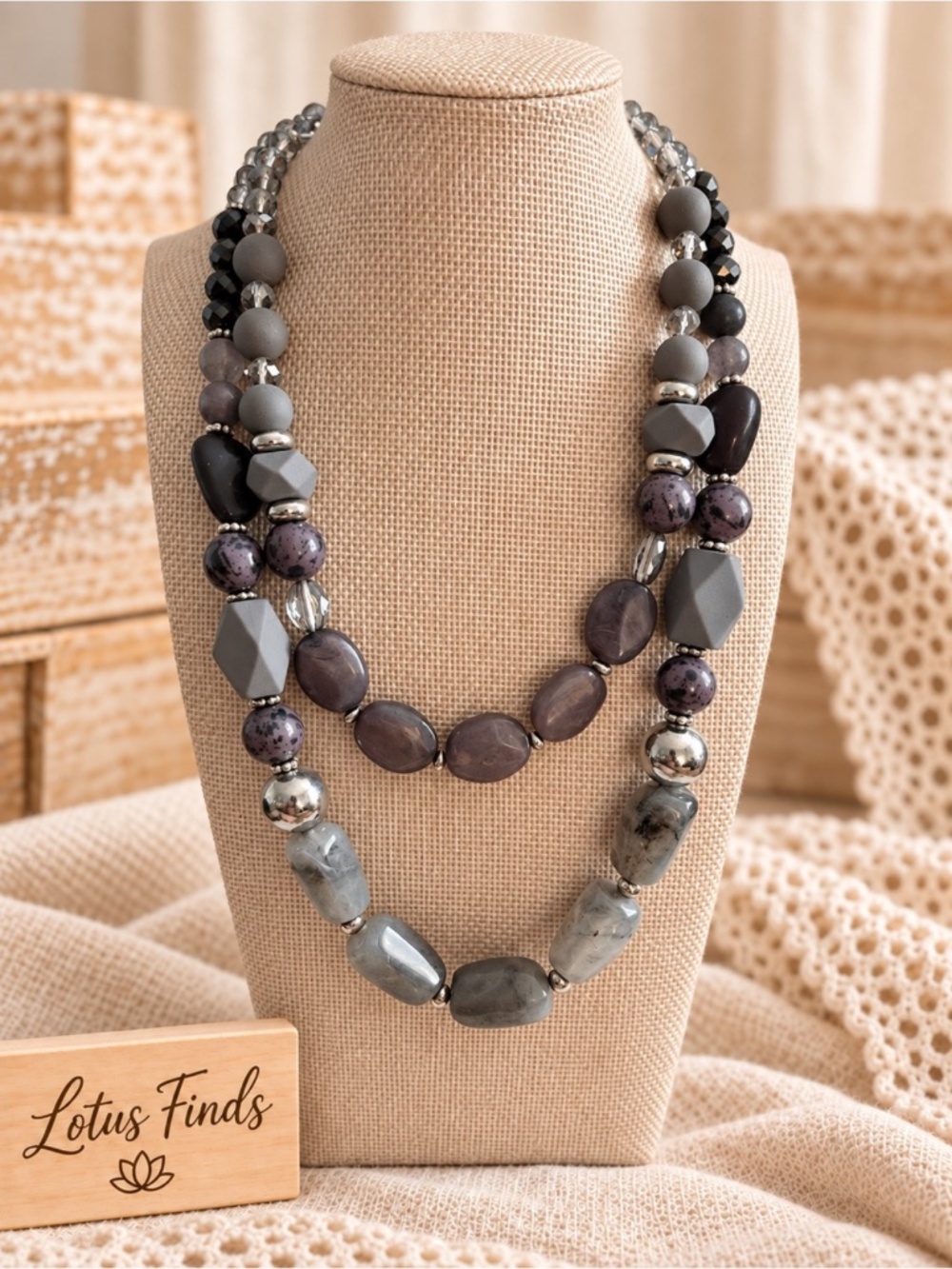Eclectic Purple & Gray Double-Strand Statement Necklace